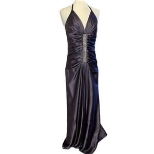Jessica McClintock Gunmetal Vintage Halter Jeweled Detail Gown Sz12
